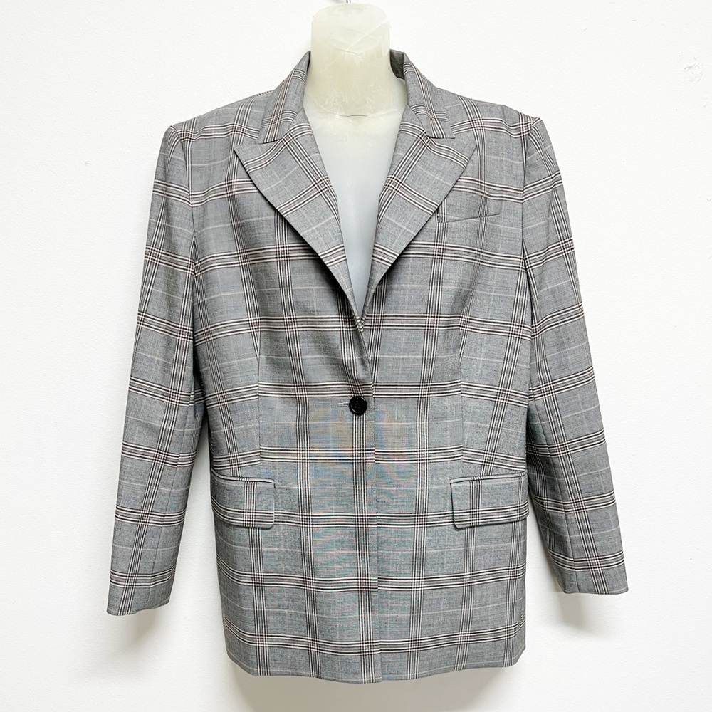 Judith & Charles Womens Structured Large Collar Single Button Plaid Blazer